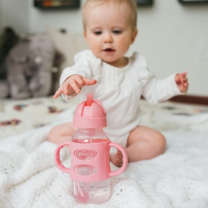 Dr. Brown's Milestones Wide-Neck Sippy Straw Bottle with 100% Silicone Handles and Weighted Straw & Dr. Brown’s Milestones Baby’s First Straw Cup, Training Cup with Weighted Straw, Coral, 6m+