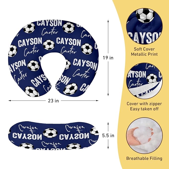 Baby Nursing Pillow Cover - Personalized Name Blue Soccer Theme Breastfeeding U-Shaped for Bottle Feeding, Ultra Soft Comfortable Breastfeeding Pillow Cover for Infant Baby Boys and Girls
