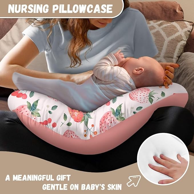 Watercolor Strawberry Print Nursing Pillow Cover, Soft Stretchy Removable Slipcover for Breastfeeding Pillows,Comfortable Nursing Pillow Case for Infant Baby Boys Girls Newborn