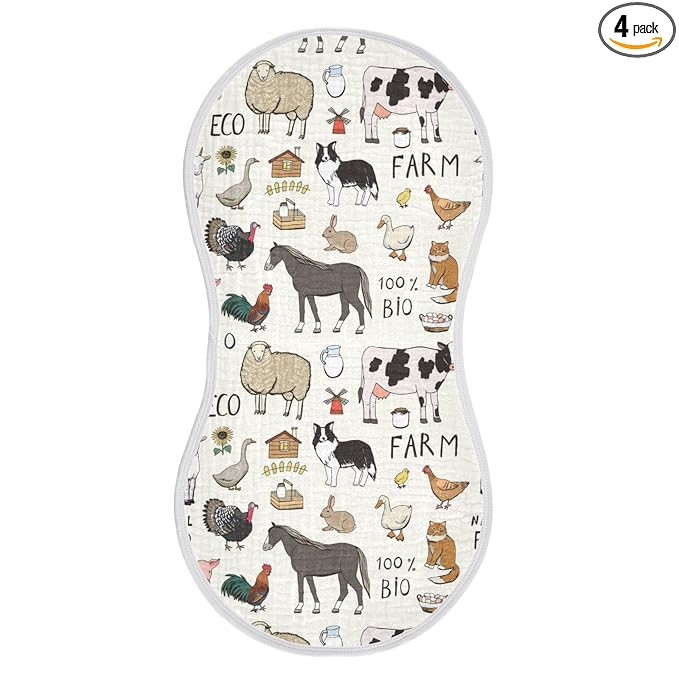 Kigai Farm Animals Muslin Baby Burp Cloths - Super Absorbent and Soft Burping Rags - Cotton Burp Clothes Set for Boys and Girls, 4 Pack