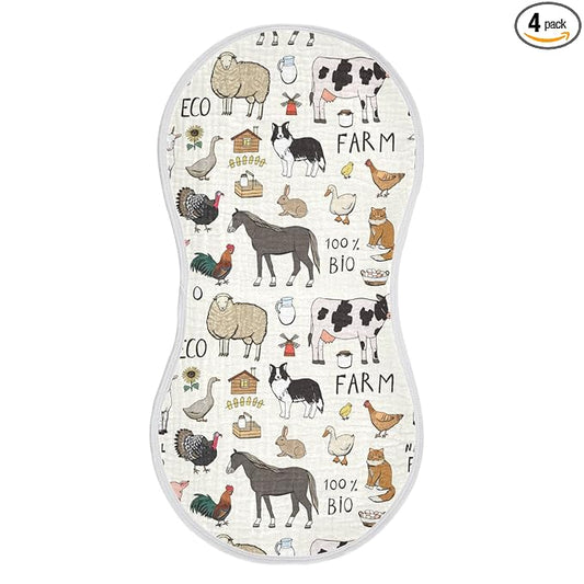 Kigai Farm Animals Muslin Baby Burp Cloths - Super Absorbent and Soft Burping Rags - Cotton Burp Clothes Set for Boys and Girls, 4 Pack