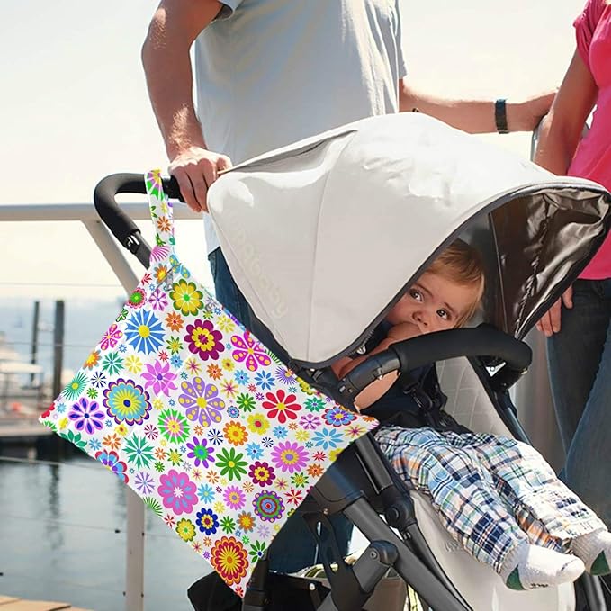visesunny Colored Little Flower 2Pcs Wet Bag with Zippered Pockets Washable Reusable Roomy for Travel,Beach,Pool,Daycare,Stroller,Diapers,Dirty Gym Clothes, Wet Swimsuits, Toiletries