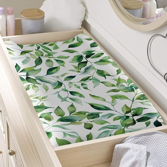 ZDCUSTOM Green Leaves Changing Pad Cover Baby Changing Table Cover Soft Changing Pad Sheets Diaper Changing Table Covers for Girls Boys