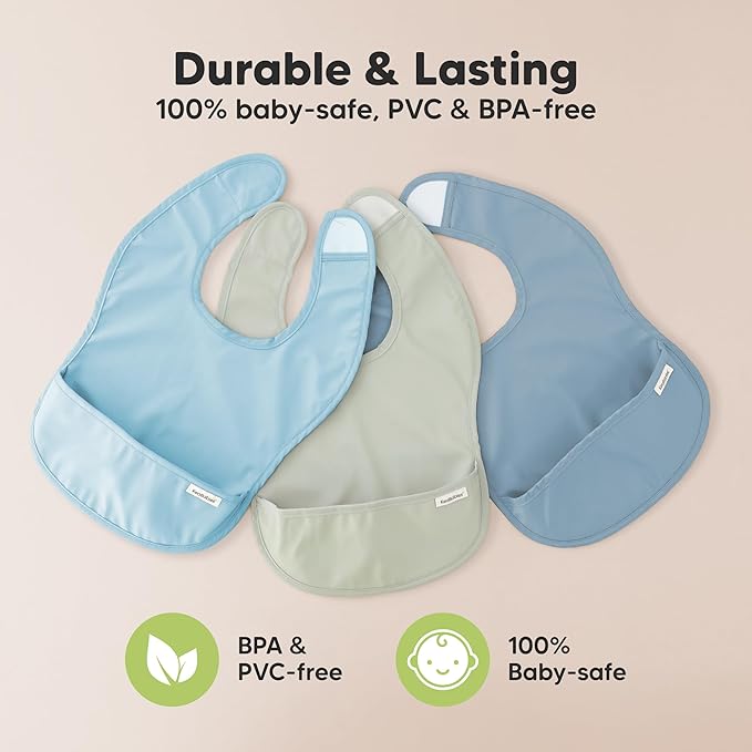 KeaBabies 3-Pack Waterproof Baby Bibs for Eating - Lightweight Toddler Feeding Bibs with Large Food Catcher, Mess Proof, Food-Grade Baby Eating Essentials, Easy to Put On & Clean (Ocean)