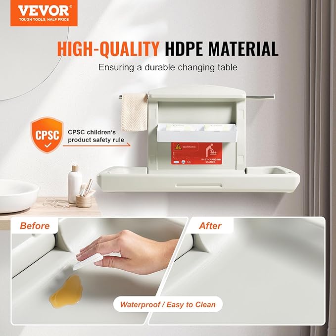 VEVOR Wall-Mounted Baby Changing Station, Horizontal Foldable Diaper Change Table with Safety Straps and Hanging Rods, Use in Commercial Bathrooms, Daycare Centers for Newborns & Infant
