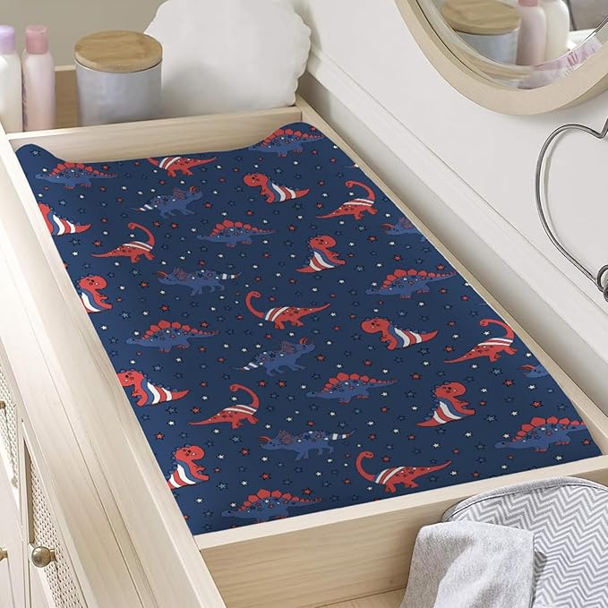 Patriotic Dinosaurs Baby Changing Pad Covers for Boy Girl 32''x16'' Cartoon Dinosaur American Flag Stars Unisex Fitted Diaper Changing Table Sheets Comfort Soft Breathable Baby Changing Table Mats