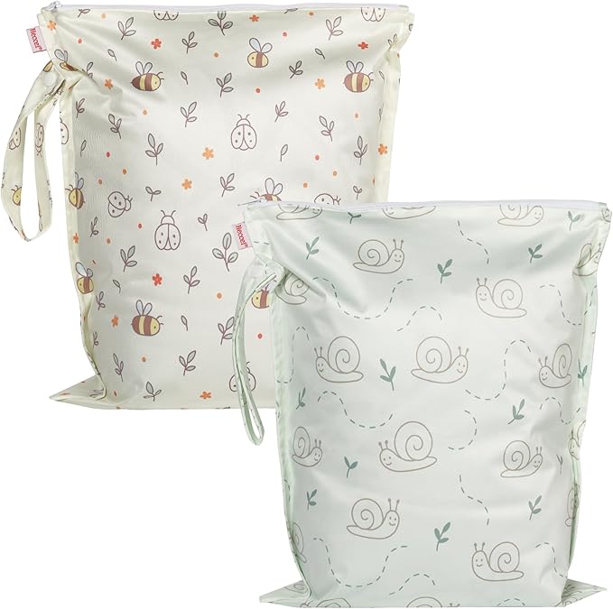 HECCEI Wet Dry Bag, 2-Pack Reusable Waterproof Wet Bags for Swimsuits & Baby Clothes, Leakproof Cloth Diaper Wet Bags for Travel & Diaper Changes (Garden Friend)