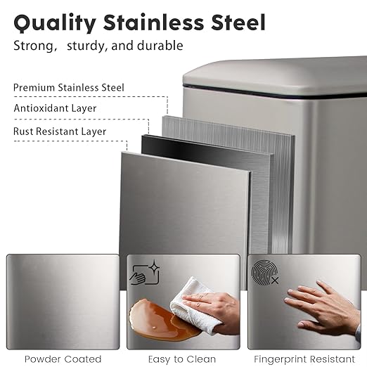 Bathroom Trash Can, 5 Liter / 1.3 Gallon Stainless Steel Garbage Can with Removable Inner Bucket, Slim Trash Bin for Small Spaces, Soft Close, Step Pedal, Fingerprint Proof, Grey