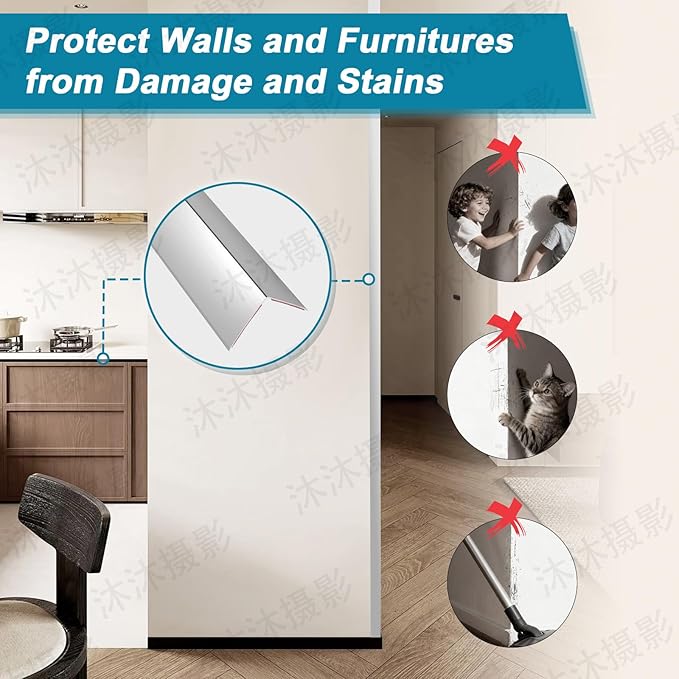 Raytano 8Pcs 45" L ×1" W Self Adhesive Metal Corner Protectors, Modern Aluminum Wall Corner Guards for Wall Door Furniture Cabinet Baseboard Frame Protection and Decoration (Size:45" x 1",Silver)