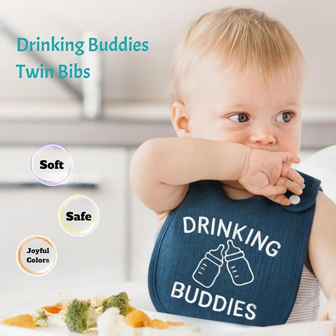 Twin Bibs – Ultra-Soft Cotton Yarn Twin Baby Bibs - 'Drinking Buddies' Design, High Absorbency, Perfect Infant Gift