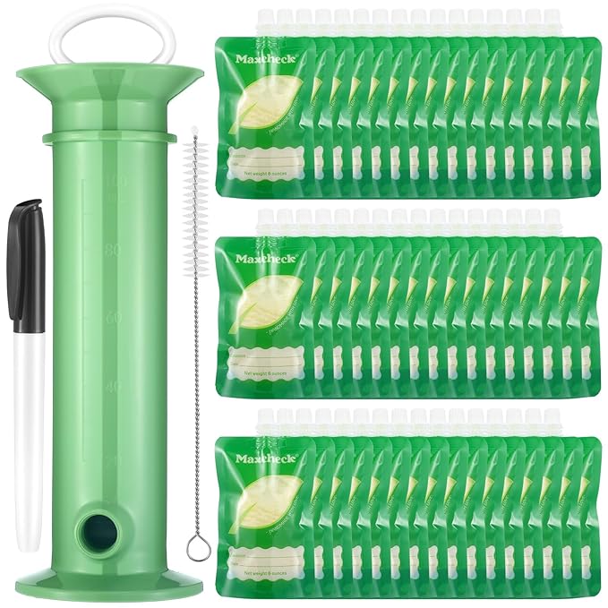 Maxcheck 53 Pcs Refillable Baby Food Pouches Food Maker Set Include 50 Pcs Portable Fruit Puree Pouch Storage Bags, Baby Food Maker, Pen and Brush for Babies Kids Toddlers