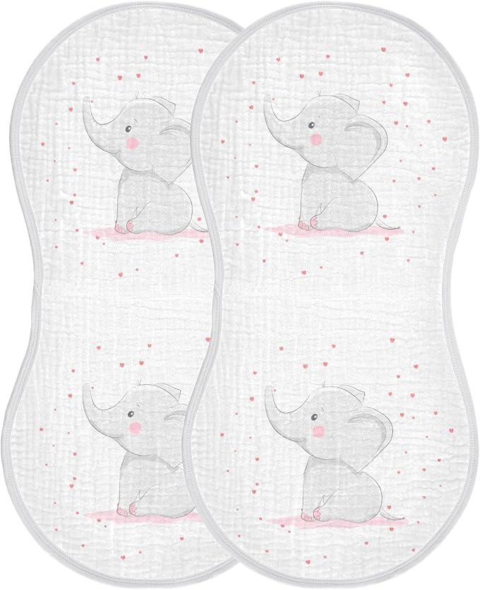 Cute Elephant Pink Love Heart Muslin Burp Cloths for Baby 2 Pack Soft 100% Cotton Baby Washcloths Bibs for Boy Girl