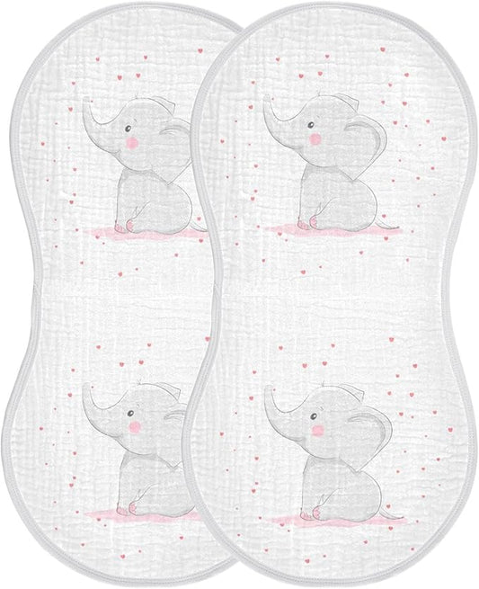 Cute Elephant Pink Love Heart Muslin Burp Cloths for Baby 2 Pack Soft 100% Cotton Baby Washcloths Bibs for Boy Girl