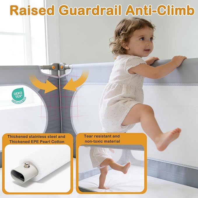 Bed Rail for Toddlers Twin, Full, Queen, King & Cal kingMattress Size | Swing Down Rail Guard | Mattress Side Rail for Kids (Gray and White, (3 Sides for Queen Size) 79.9x79.9x59.8 Inch)