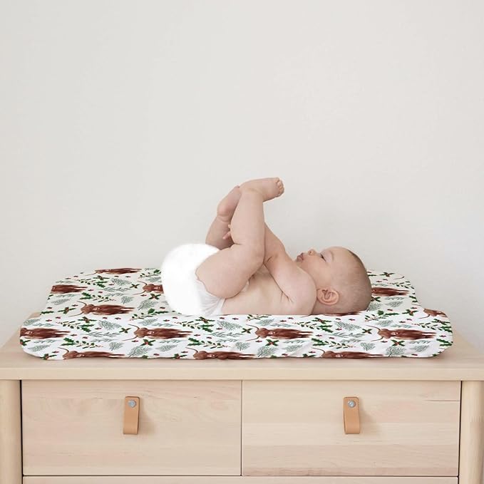 Christmas Highland Cows Changing Pad Cover Cute Yak Cherry Fir Leaves Diaper Changing Table Cover Sheets for Boys Girls Soft Breathable Stretchy Fitted Changing Table Mats 32''x16''