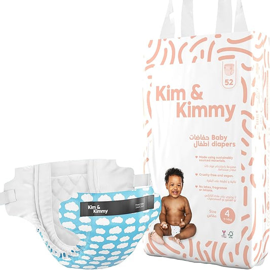 Kim & Kimmy Eco Diapers, Size 4, 20-31 lbs, 52 Diapers - 12 Hour Leak Protection, No Rashes, Hypoallergenic, Ultra-Soft & Highly Absorbent - Cruelty Free & Vegan - Little Clouds