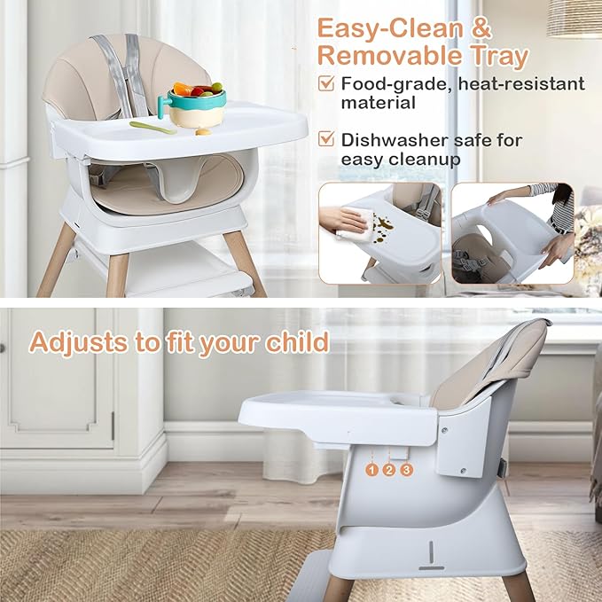 9 in 1 Convertible Baby High Chair with Booster, Wooden Highchair for Babies and Toddlers with Removable Tray & 5-Point Harness, Multi-Functional Growing Seat for Feeding, Learning & Play, Beige