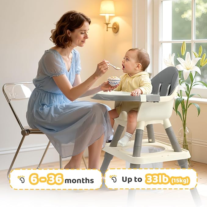JOYMOR 7 in 1 High Chair for Babies and Toddlers, Convertible Kids Learning Table and Chair with Large Baske for Storage (Gray)