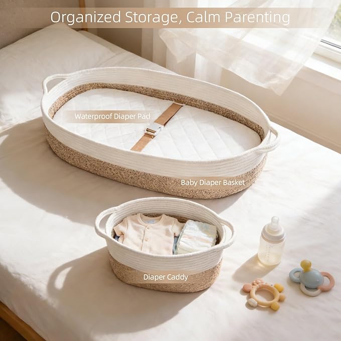 Baby Changing Basket with Diaper Caddy Changing Pad, Breathable & Waterproof Dual-Cover Foldable Portable Travel Cotton Rope Baby Changing Mat for Dresser & Table