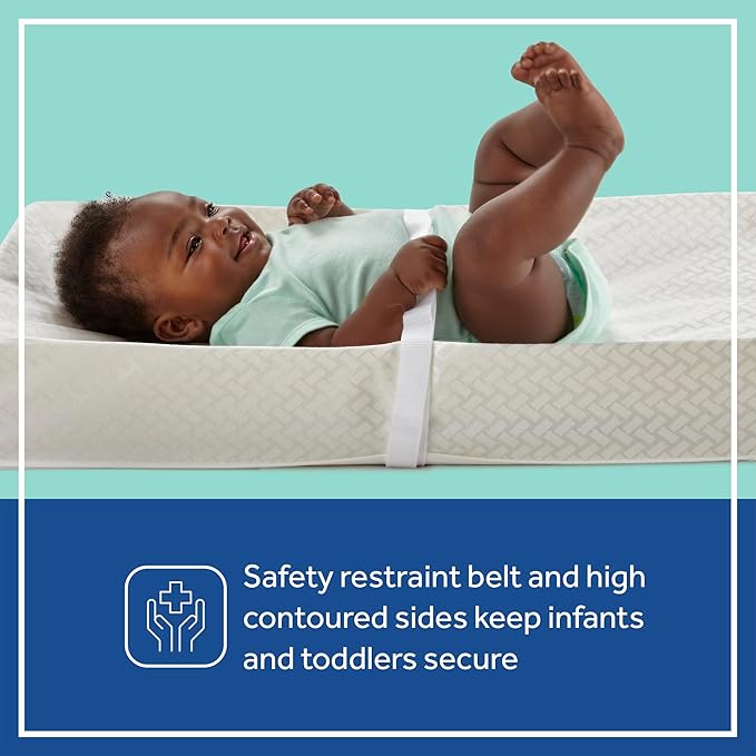 Sealy Baby Cotton Comfort Waterproof 3-Sided Contoured Diaper Changing Pad for Dresser or Table, Durable Easy to Clean Surface, Eco Friendlier Cover & Soy-Enhanced Foam, Made in USA - White, 32x16”