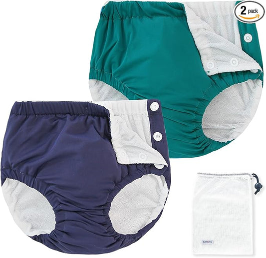EZ Moms 2 Packs Reusable Swim Diapers Toddler Baby Swim Diaper Size 3 Washable Snap Pool Swimming Diaper 3T Soft and Silky Waterproof Diapers for Swimming Lessons Boys and Girls with a Laundry Bag