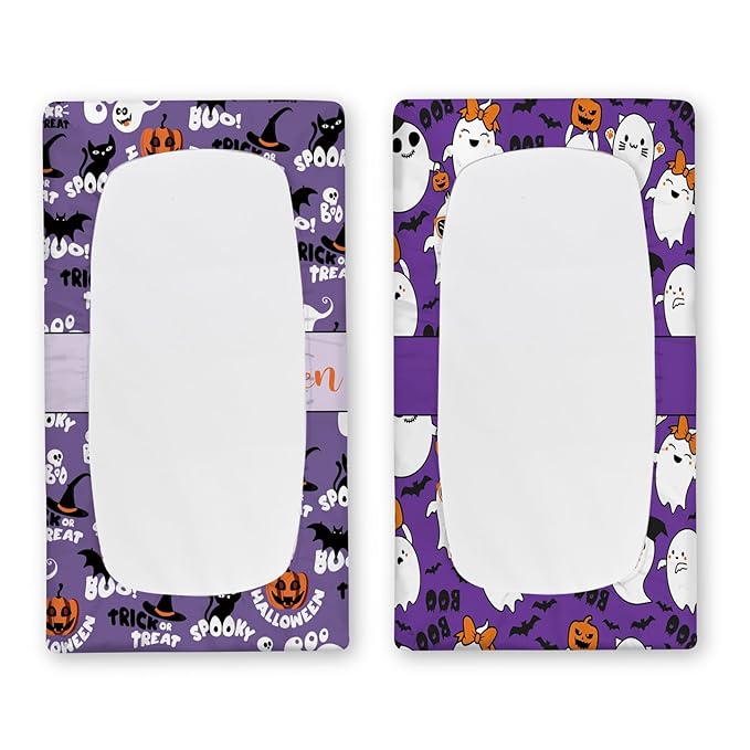 KAINSY Personalized Halloween Changing Pad Cover, Custom Diaper Change Table Sheets with Name, Purple Ghost Print Soft Jersey Knit Change Table Sheets, 2 Pack Changing Pad Covers (16" x 32")