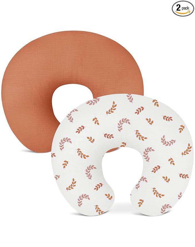Nursing Pillow Covers 2 Pack, Muslin Nursing Cover for Breastfeeding Pillows, Comfortable for Baby Girls and Boys (Brick & Leaf)