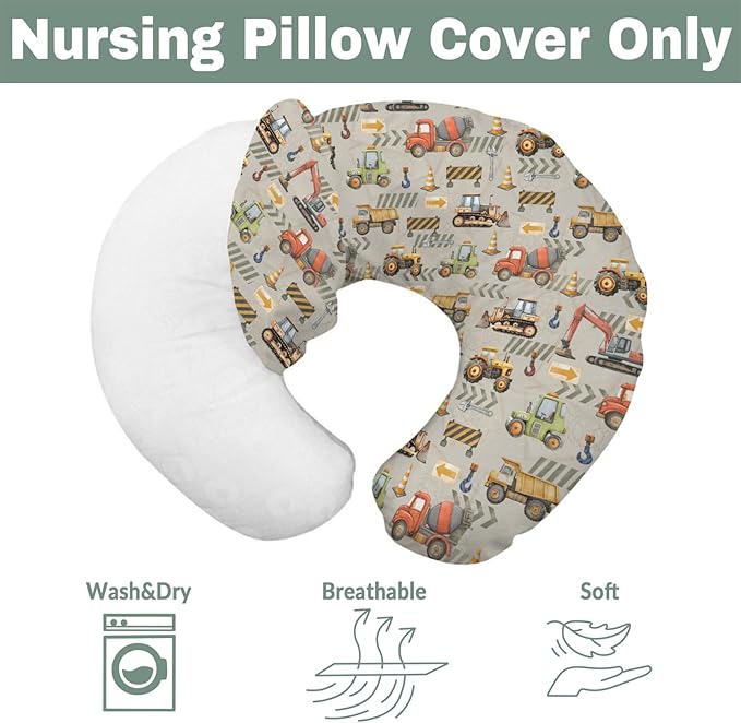 Construction Truck Vehicle Baby Nursing Pillow Covers for Boy Girl Excavator Tractor Digger Dump Truck Nursery Feeding Pillowcase for Breastfeeding Pillows Soft Stretchy Slipcovers for Newborn Infant