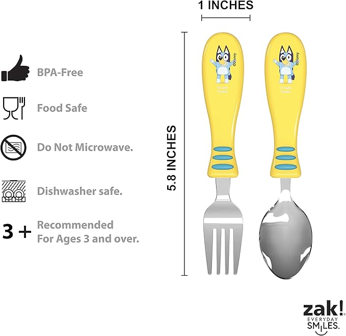 Zak Designs Bluey Kid Flatware Set with Fun Character Art on Both Utensils, Non Slip Fork and Spoon Set is Perfect for Encouraging Picky Eaters to Finish Their Plates (2 pk, BPA-Free)