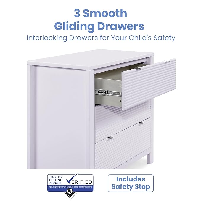 Delta Children Cassie 3 Drawer Dresser with Changing Top and Interlocking Drawers, Lilac