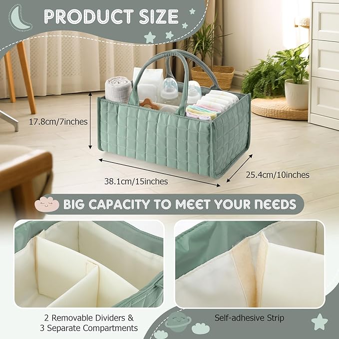 Huhumy Checkered Baby Diaper Caddy, Puffy Nursery Storage Organizer for Diapers & Babies Wipes, Large Quilted Tote Bag for Newborn Essentials Boy or Girl, Gift for Baby Shower Registry (Sage Green)