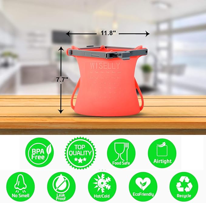 1/2 Gallon Large Reusable Stand-Up No Pop Open Wide Opening Thick Silicone Reduce Single-Use Plastic Dishwasher Safe Freezer Safe Food Bag Silicone Food Storage