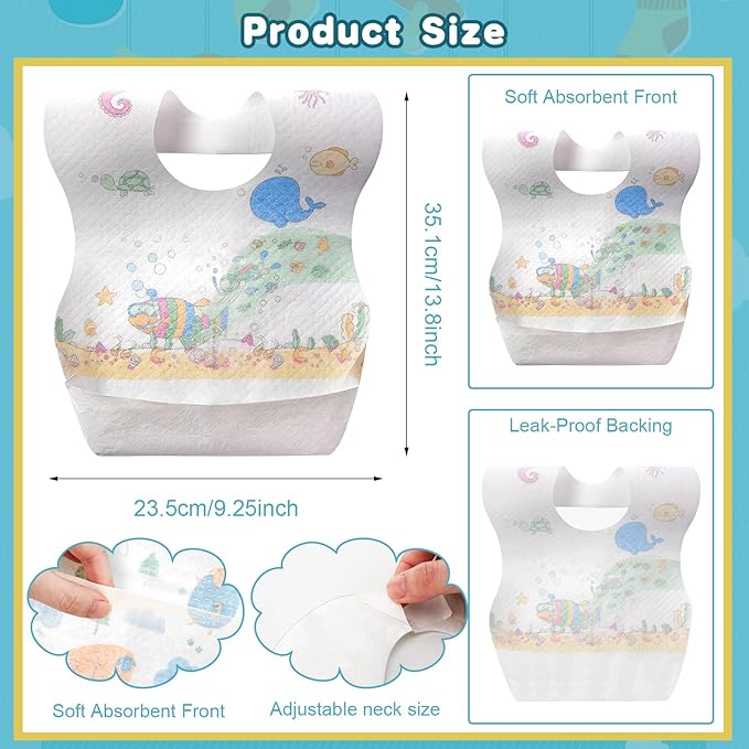 Shinymoon 100 Pcs Disposable Baby Bibs Individual Wrapped Travel Bibs Waterproof Food Catcher for Toddlers Girls Boys Feeding