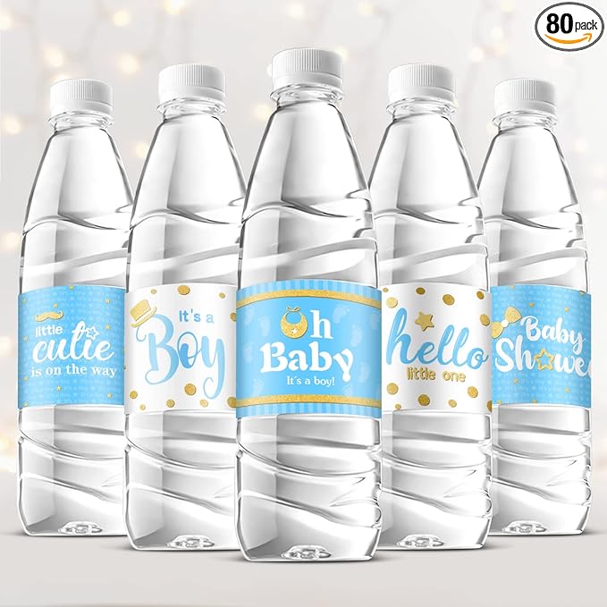 Teling 80 Pieces Baby Shower Water Bottle Labels Waterproof Water Bottle Stickers Wrappers Labels for Baby Shower Party Decoration(Blue Boy Style)
