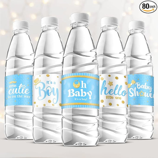 Teling 80 Pieces Baby Shower Water Bottle Labels Waterproof Water Bottle Stickers Wrappers Labels for Baby Shower Party Decoration(Blue Boy Style)