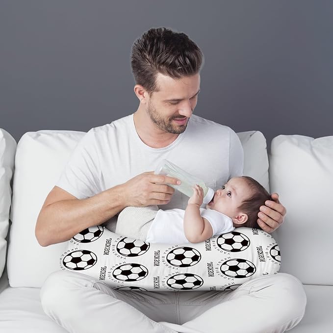 Baby Nursing Pillow Cover - Personalized Name White Soccer Theme Breastfeeding U-Shaped for Bottle Feeding, Ultra Soft Comfortable Breastfeeding Pillow Cover for Infant Baby Boys and Girls