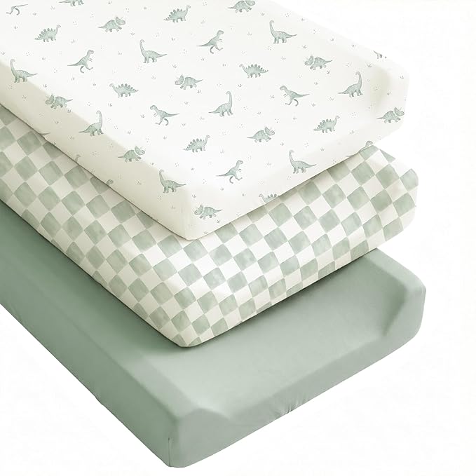 Konssy Silky Soft Changing Pad Cover 3 Pack, Ultra-Stretchy Diaper Changing Table Sheets, Breathable Snug Fit for Standard 32" x 16" Contoured Pads, Boho Neutral Sheets for Boys & Girls (Green Dino)
