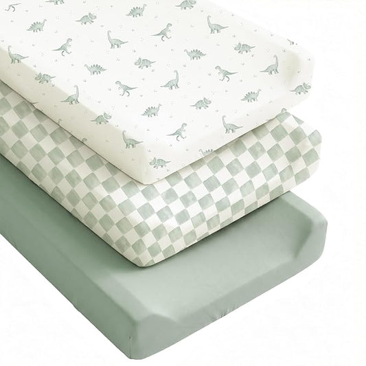 Konssy Silky Soft Changing Pad Cover 3 Pack, Ultra-Stretchy Diaper Changing Table Sheets, Breathable Snug Fit for Standard 32" x 16" Contoured Pads, Boho Neutral Sheets for Boys & Girls (Green Dino)