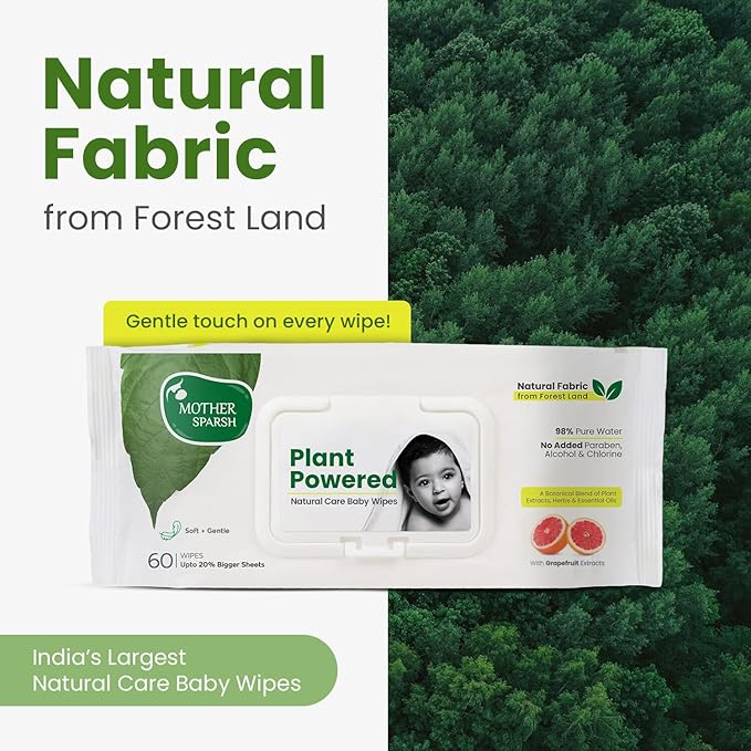 Mother Sparsh Natural Care Baby Wipes 60 Pcs (Pack of 9) I 100% Plant Made Fabric From Forest Land | Gentle + Cleanse (with Grapefruit) Wet Wipes For Baby I Cotton Cloth Like Bigger Sheets