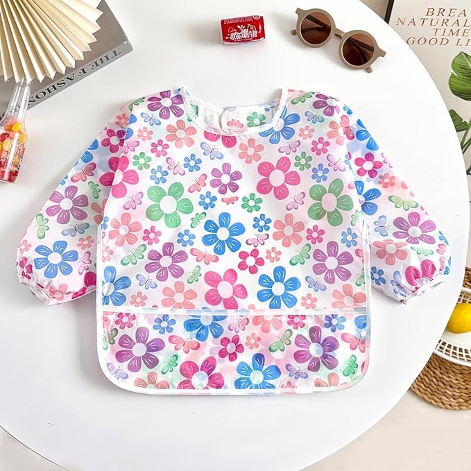 PandaEar 3 Pack Waterproof Baby Long Sleeve Bibs for Girls, Lightweight Toddler Art Smock with Catch-All Pocket, Washable Mealtime Bibs for Eating & Messy Play, Fits 6-24-36 Months