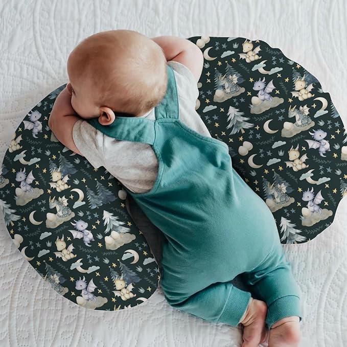 Fairytale Dragons Baby Nursing Pillow Cover for Boy Girl Cute Dragon Moon Stars Clouds Trees Eggs Nursery Pillowcase for Breastfeeding Pillows Fantasy Animal Soft Stretchy Slipcover for Newborn Infant