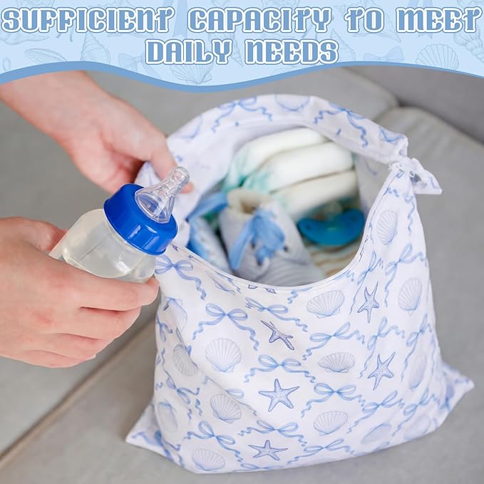 Sanwuta 2 Pack Wet Bags Resuable Waterproof Wet Dry Bag for Swimsuit Travel Beach Pool Bathing Diapers Dirty Yoga Gym Clothes Toiletries with Zippered Pockets(Sea Shells,Blue and White)