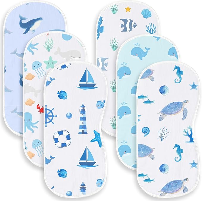 6 Pack Blue Burp Cloths Baby Boys Girls with Ocean Animals Pattern, Large Cotton Burping Clothes for Newborns Gifts Extra Soft and Absorbent 9.8X19.6inches