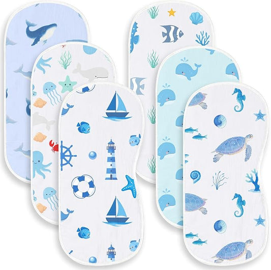 6 Pack Blue Burp Cloths Baby Boys Girls with Ocean Animals Pattern, Large Cotton Burping Clothes for Newborns Gifts Extra Soft and Absorbent 9.8X19.6inches