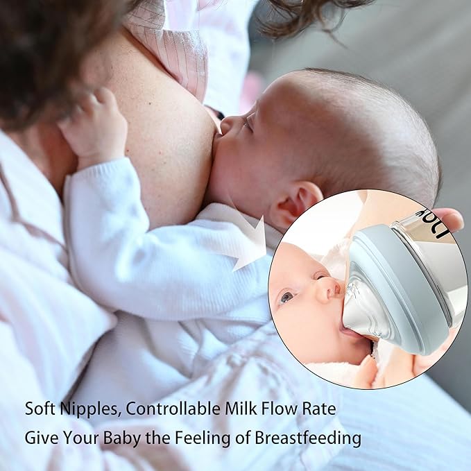 yanyoyo Natural Glass Baby Bottle for Breastfeeding Babies, 8oz Anti-Colic Baby Bottle with Natural Response Nipple(M), Clear, Wide Neck, 4 Pack, 3 Months+