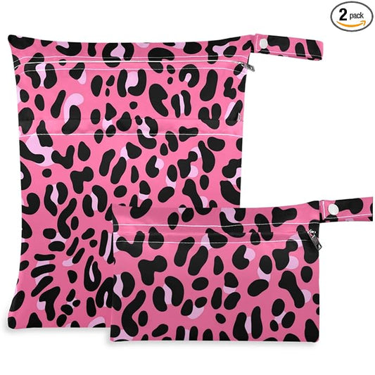 visesunny Leopard Skin Pink Pattern 2Pcs Wet Bag with Zippered Pockets Washable Reusable Roomy for Travel,Beach,Pool,Daycare,Stroller,Diapers,Dirty Gym Clothes, Wet Swimsuits, Toiletries