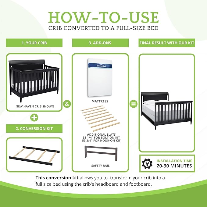 CC KITS Full-Size Conversion Kit Bed Rails Compatible with Simmons Kids Convertible Cribs by Delta Children - Solid Wood Rail - Toddler and Adult Bed Rail for Full-Size (Ebony, Bolt-ON KIT)