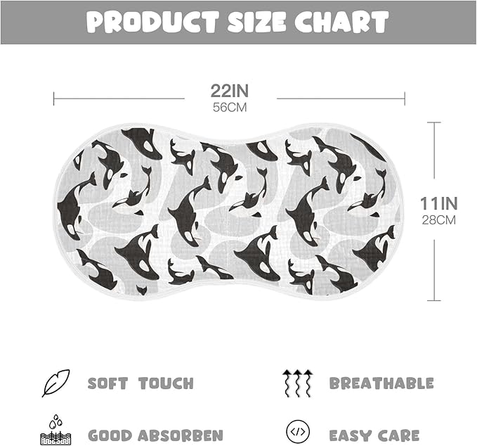 Muslin Burp Cloths for Baby Boys and Girls - 2-Pack Ultra Absorbent Killer Whale Orca Muslin Washcloths, Newborn Towel, Milk Spit Up Rags, Burp Cloth Bibs for Unisex, 22 x 11 Inch