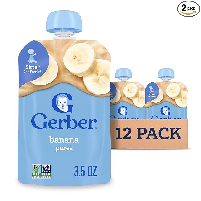 Gerber Stage 2 Baby Food, Banana Puree Pouch, 2 Servings of Fruit, No Added Sweetener, No Artificial Colors or Flavors, 12-Pack