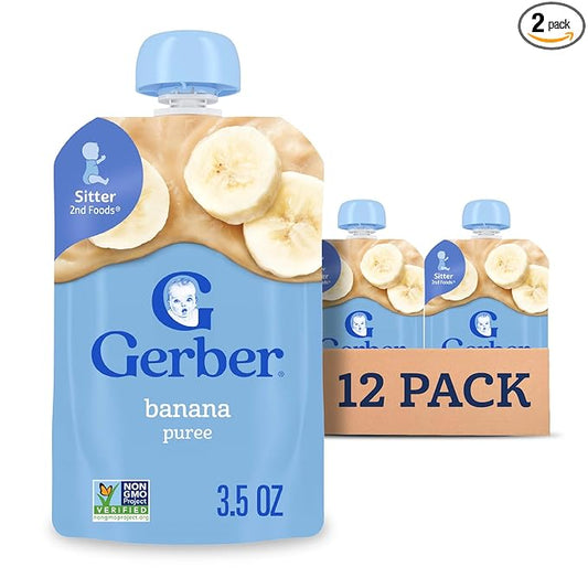 Gerber Stage 2 Baby Food, Banana Puree Pouch, 2 Servings of Fruit, No Added Sweetener, No Artificial Colors or Flavors, 12-Pack